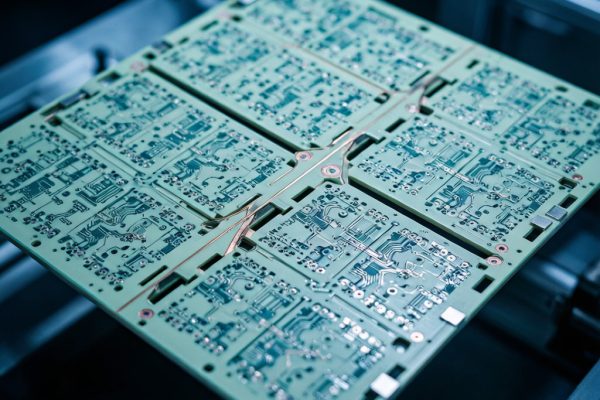 PCB panel with V-cut scoring lines for SMT panelization