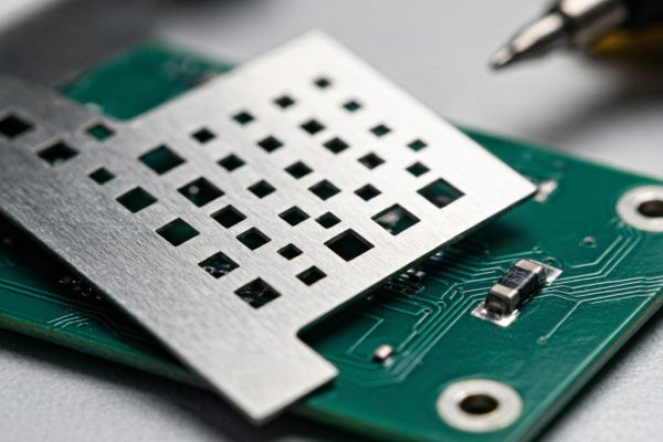 SMT stencil with precision laser-cut apertures for QFN and QFP fine-pitch components