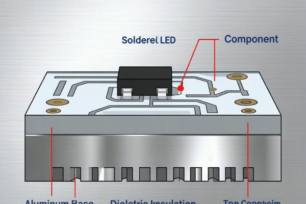 Cross-section of insulated metal substrate PCB showing aluminum base, dielectric layer, and top copper circuit