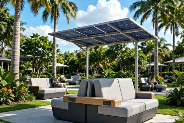 Modular Outdoor Lounge With Integrated Photovoltaic Canopy and USB Charging for Tropical Parks