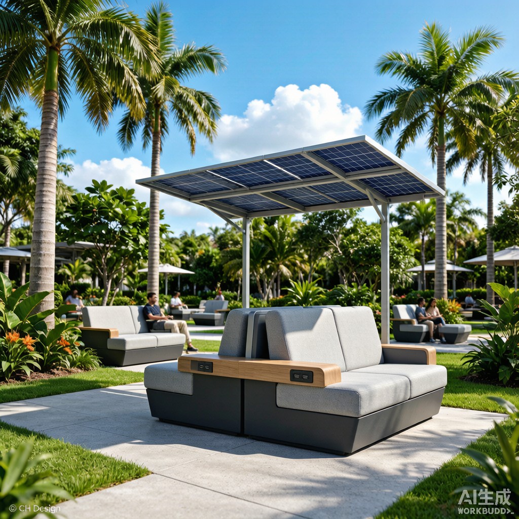 Modular Outdoor Lounge With Integrated Photovoltaic Canopy and USB Charging for Tropical Parks