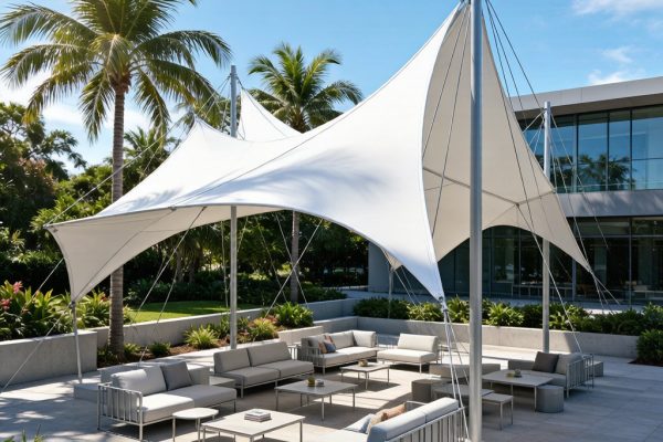 Tensile Membrane Shade Canopies for Outdoor Lounge: Wind Engineering and Tropical Durability Design