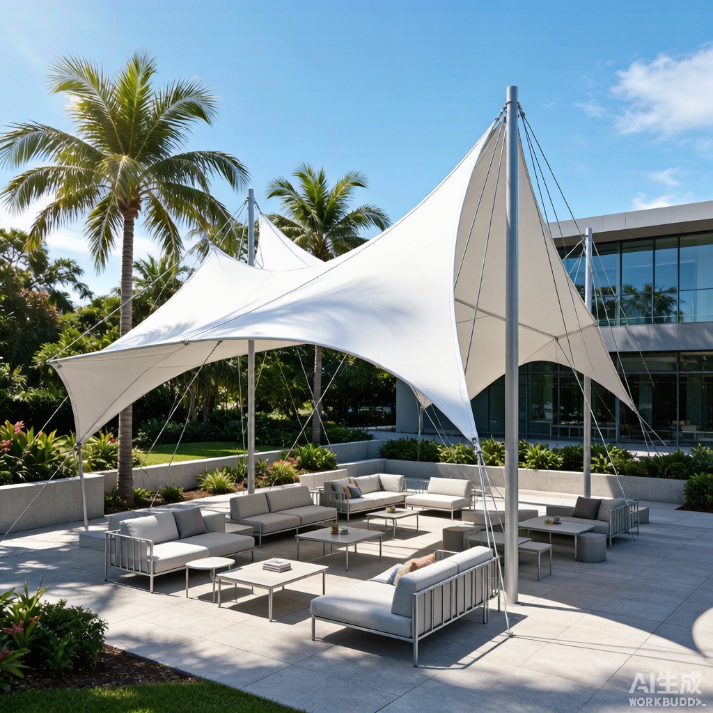 Tensile Membrane Shade Canopies for Outdoor Lounge: Wind Engineering and Tropical Durability Design