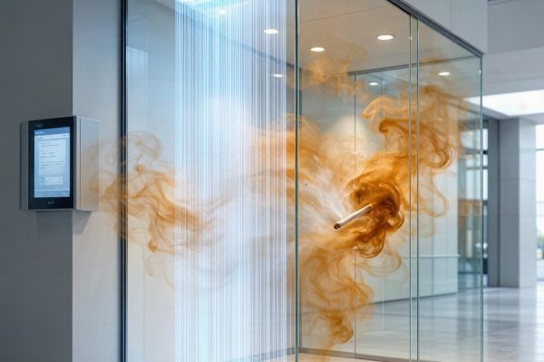 Smoking Booth Air Curtain Velocity Profile and Containment Efficiency for High-Traffic Entry Points