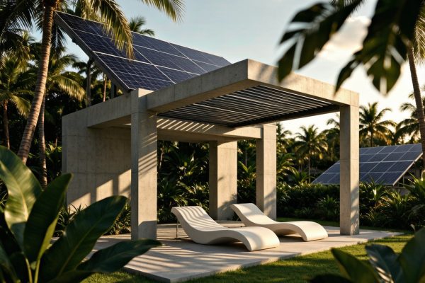Outdoor Lounge BIPV Pergola Solar Integration and Tropical Thermal Comfort Design