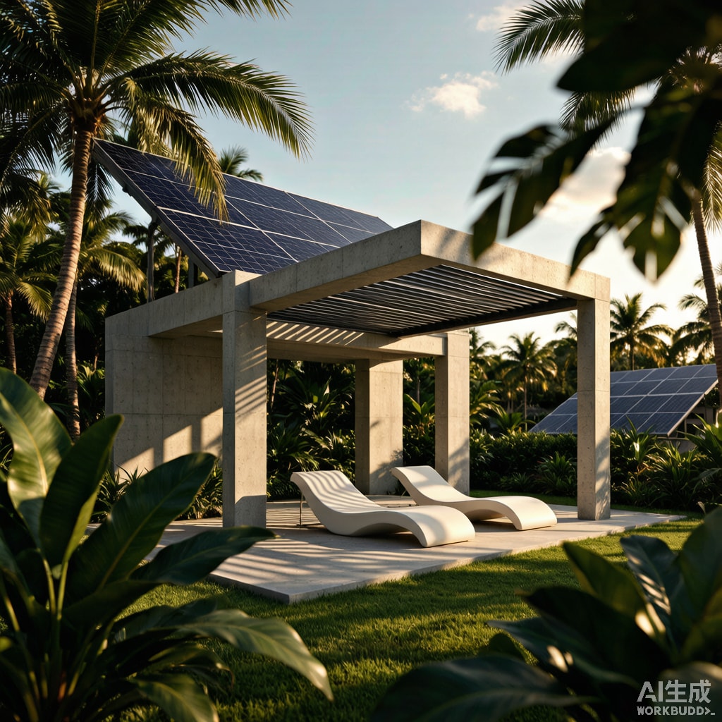 Outdoor Lounge BIPV Pergola Solar Integration and Tropical Thermal Comfort Design