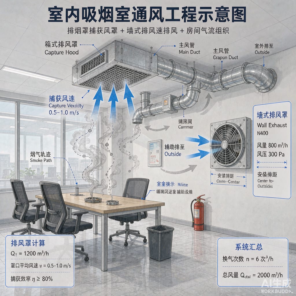 Smoking Room Exhaust Fan Sizing: Air Changes, Capture Velocity, and Duct Layout
